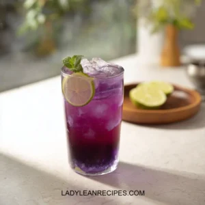 Refreshing butterfly pea flower iced tea served in a glass with ice and lemon