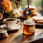 Cup of Manuka Honey Herbal Tea surrounded by honeycomb and herbs