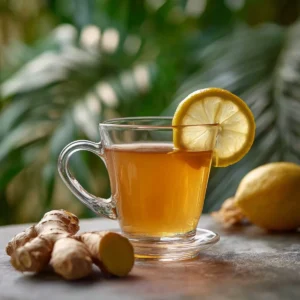 A refreshing Canaan Honey Drink served in a glass with honey and lemon slices.