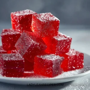Homemade strawberry gelatin gummies on a colorful plate